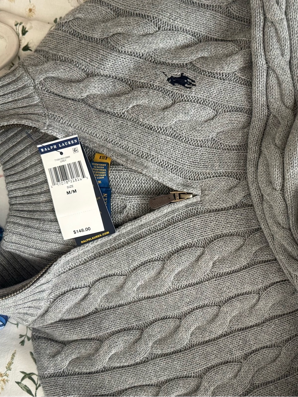 Polo by Ralph Lauren Light Gray Cable-Knit Zip Sweater